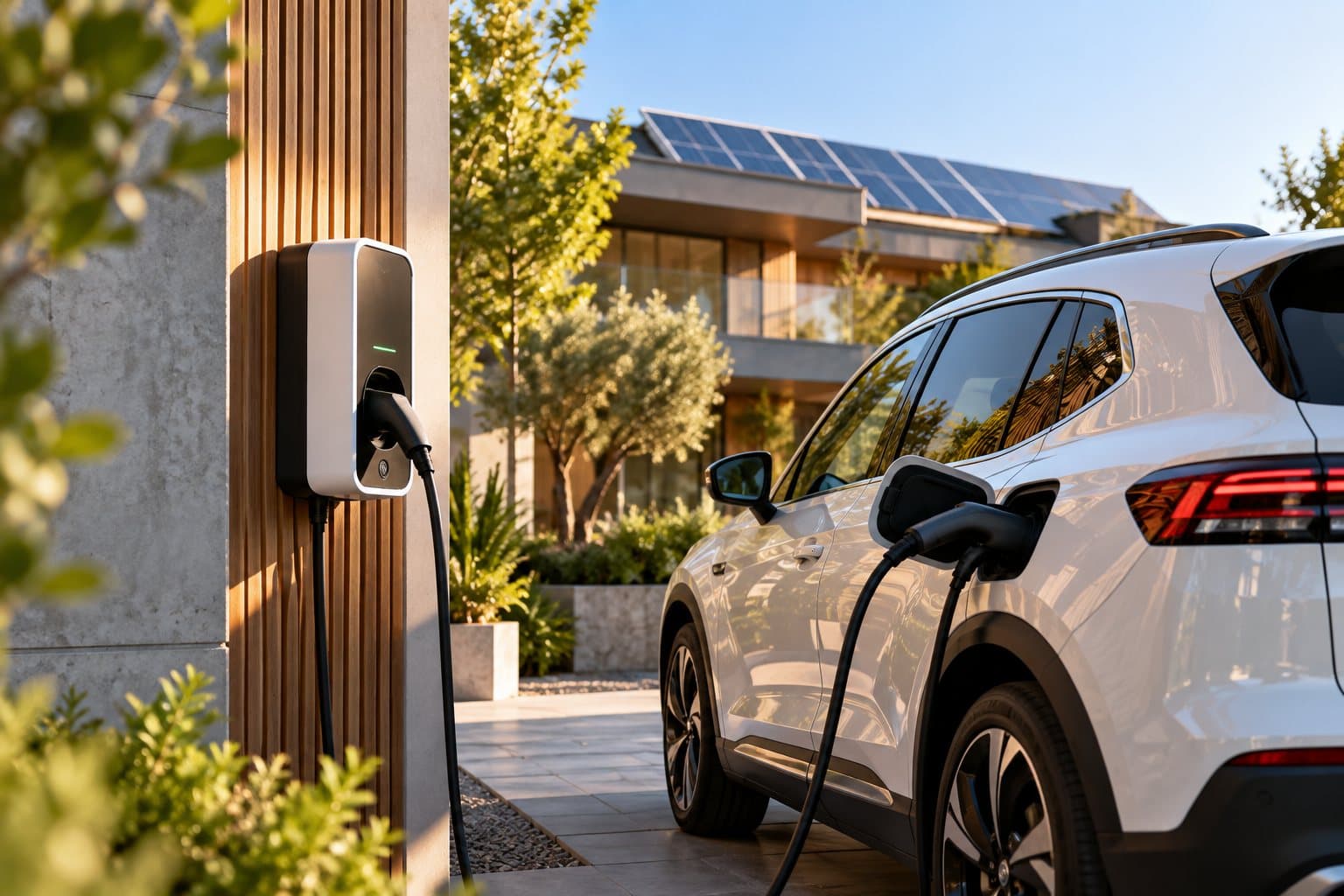 Güneş panelli evin önünde şarj ünitesine bağlı elektrikli araç