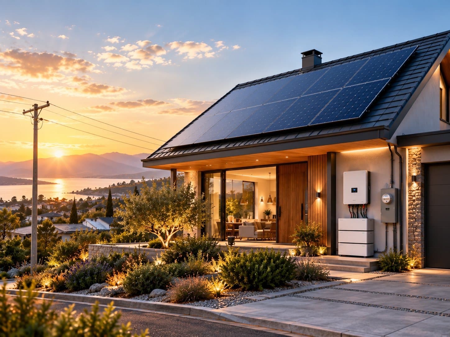 Duvarında inverter ve batarya bulunan güneş panelli müstakil ev